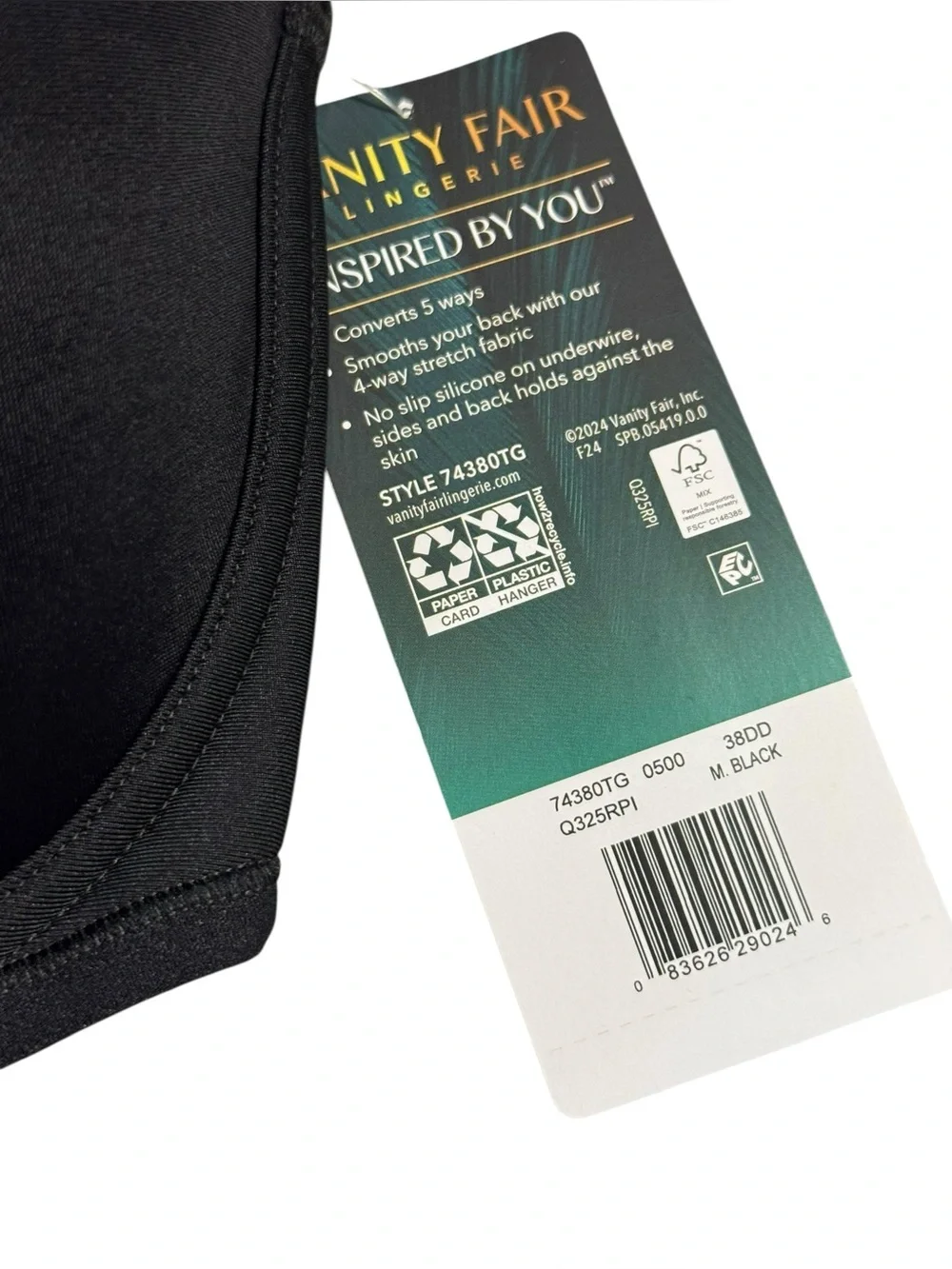 Vanity Fair Beauty Back Strapless Bra Sz 38DD Black NWT
